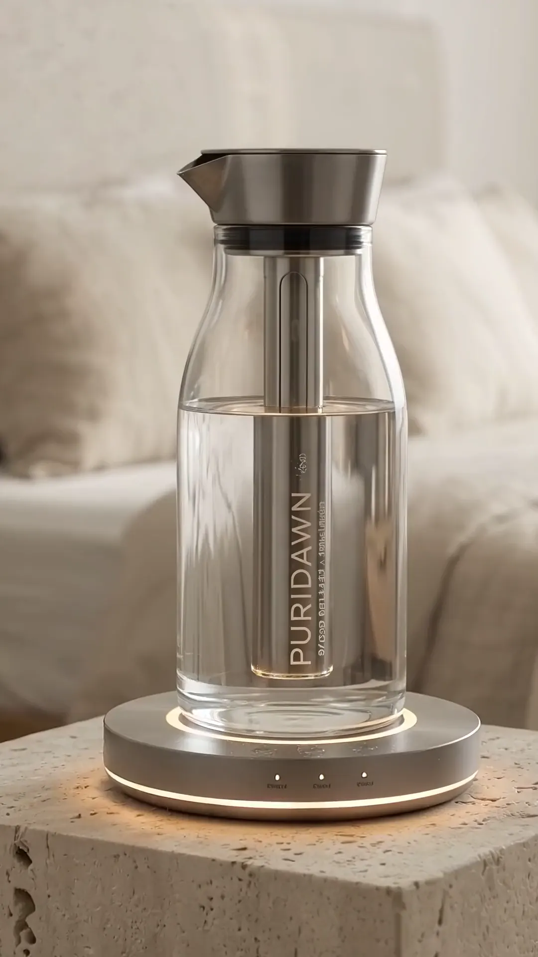 The PURIDAWN One glass carafe on its lit base, on a stone side table in a bedroom
