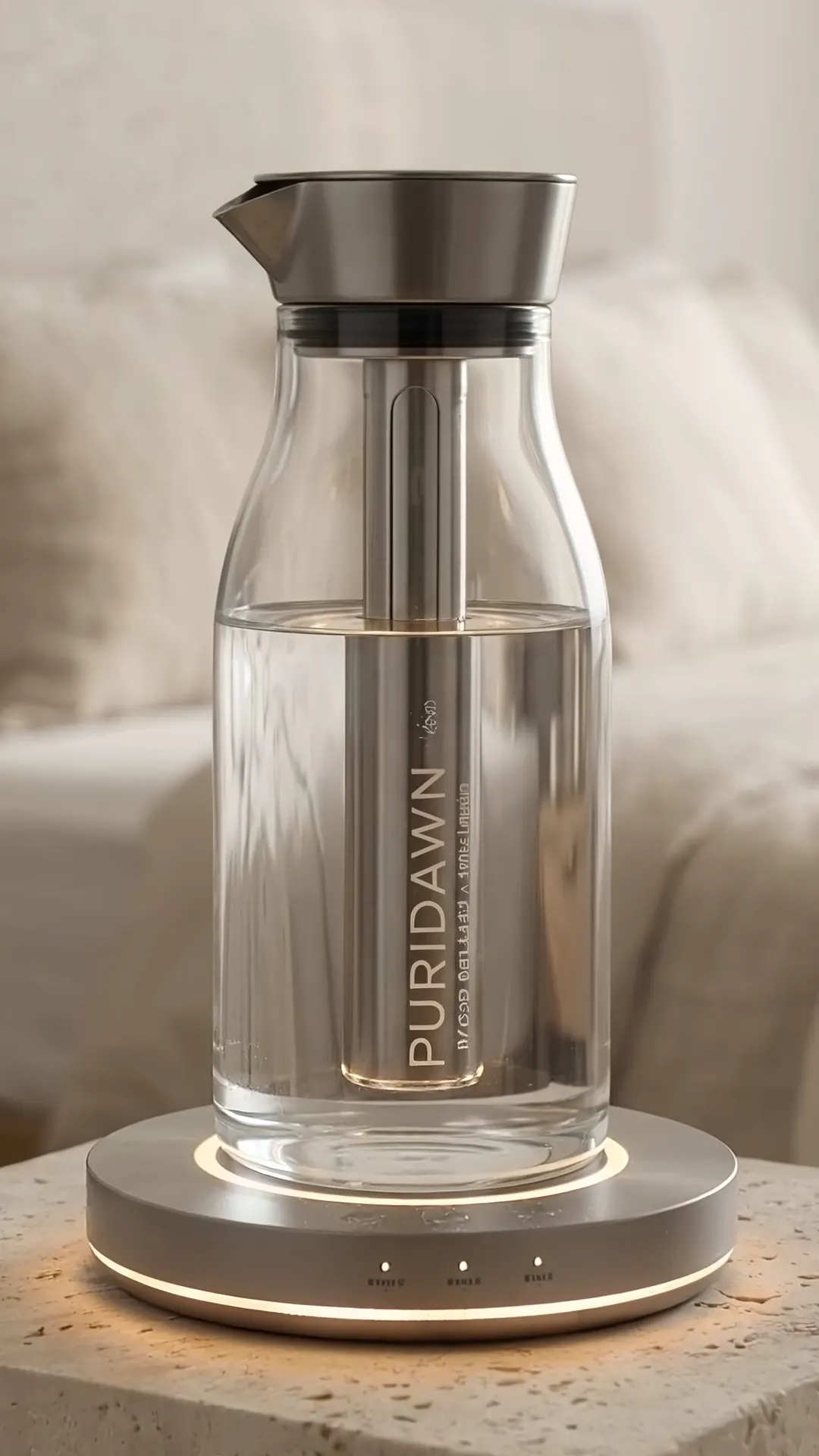 The PURIDAWN One carafe on its lit base in a bright bedroom