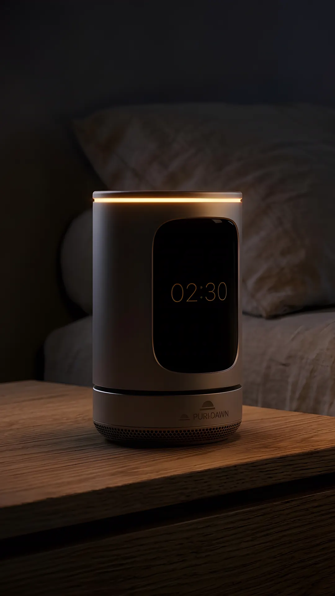Gece yatak odasında Dawn; ekranda kısık kehribar saat